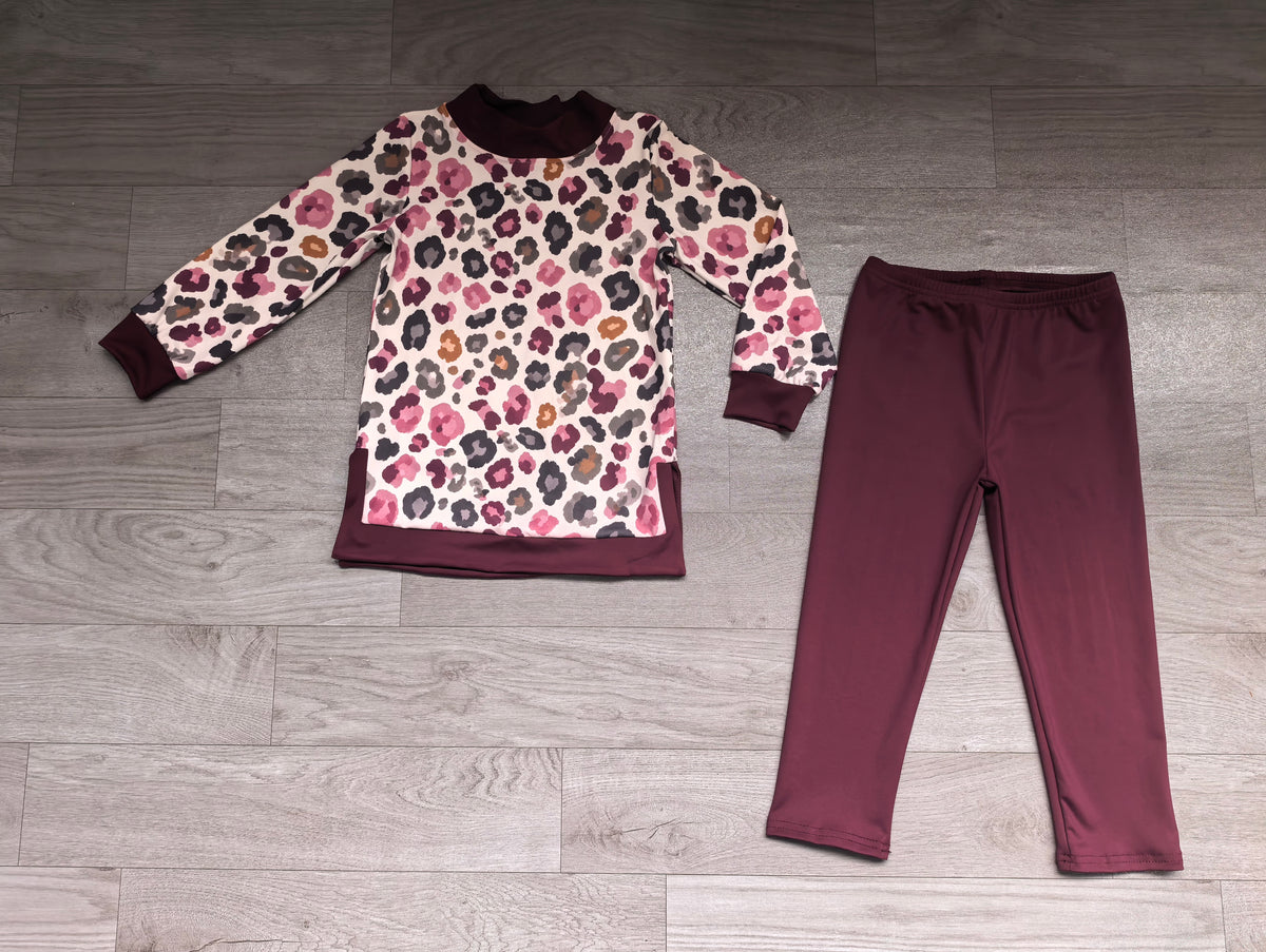 Maroon leopard mock neck tunic leggings girls active wear set