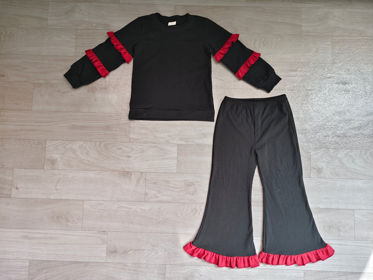 Black cotton dark red ruffle top flare pants girls outfits