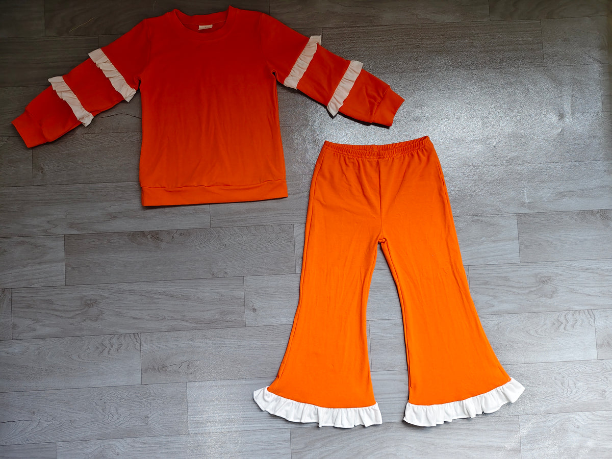 Orange cotton white ruffle top flare pants girls outfits