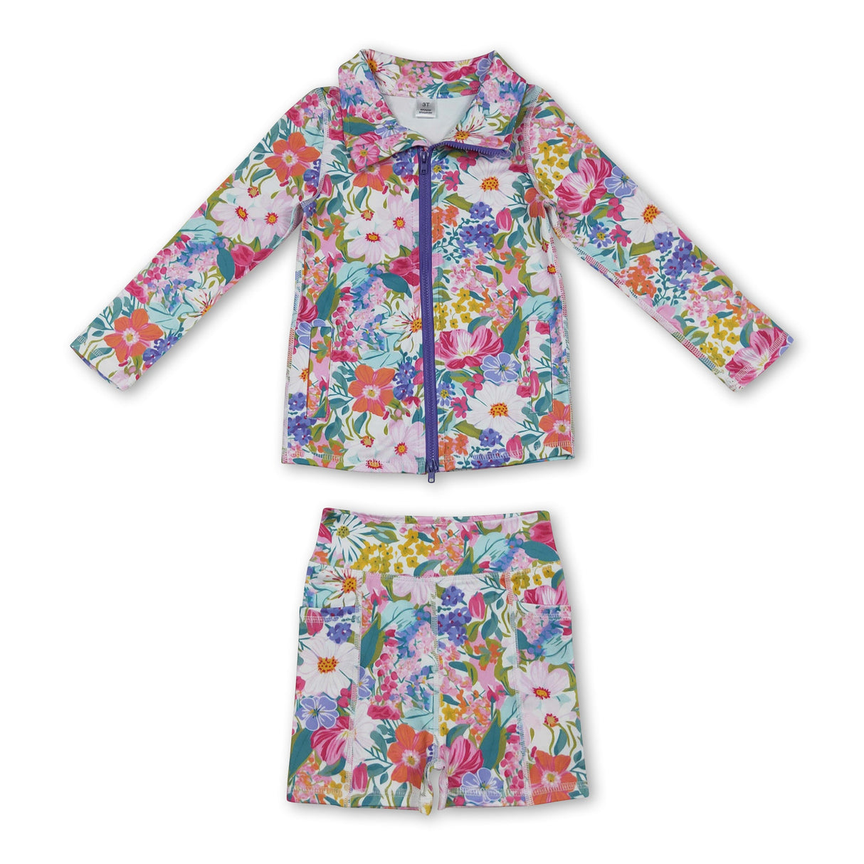 Long sleeves lavender floral top shorts girls activewear set