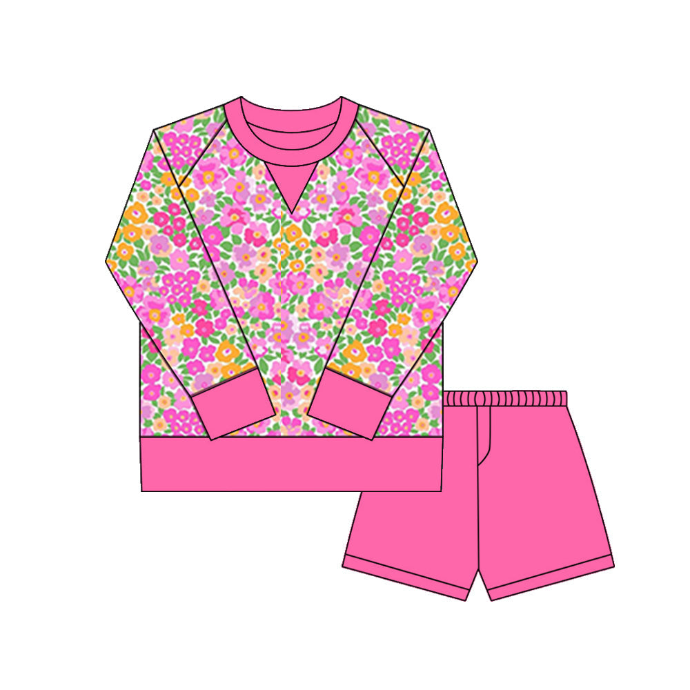 small flowers print yoga top match hot pink shorts girl set