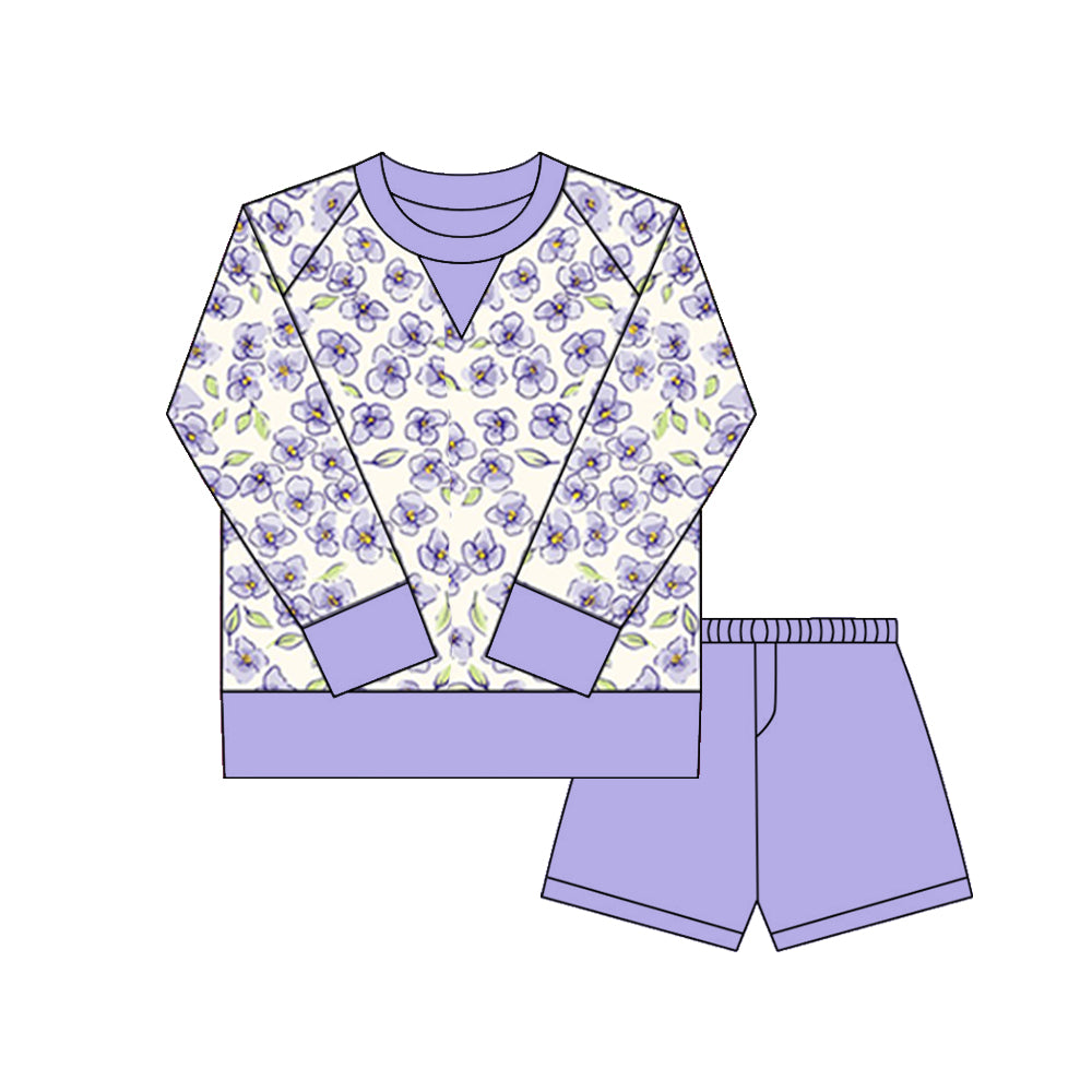 purple flowers print yoga top match purple shorts girl set