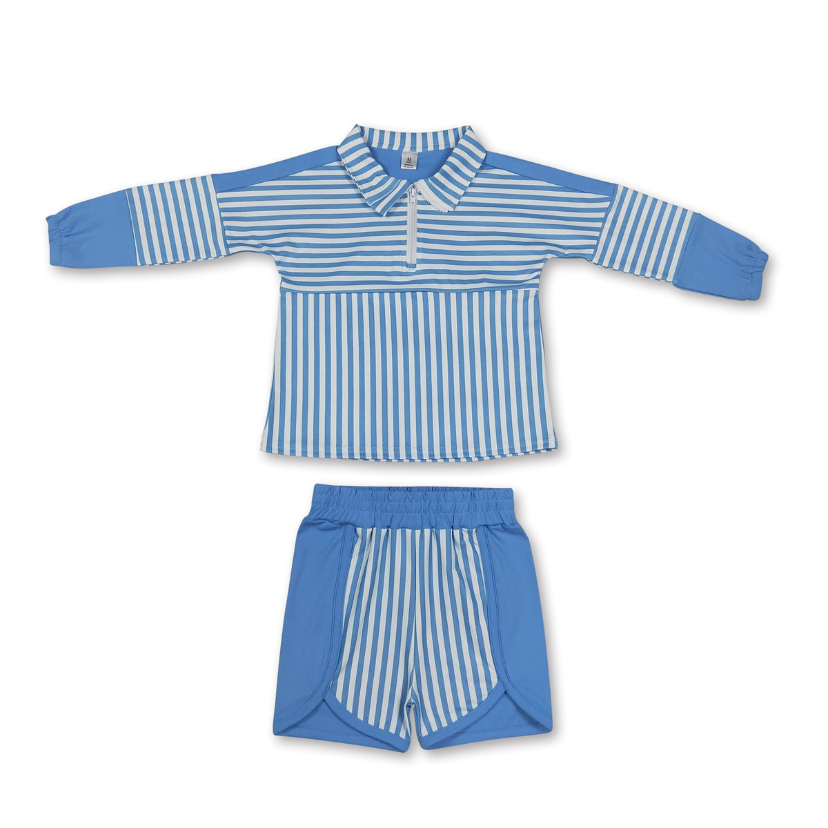 Light blue stripe patchwork pullover shorts girls active set