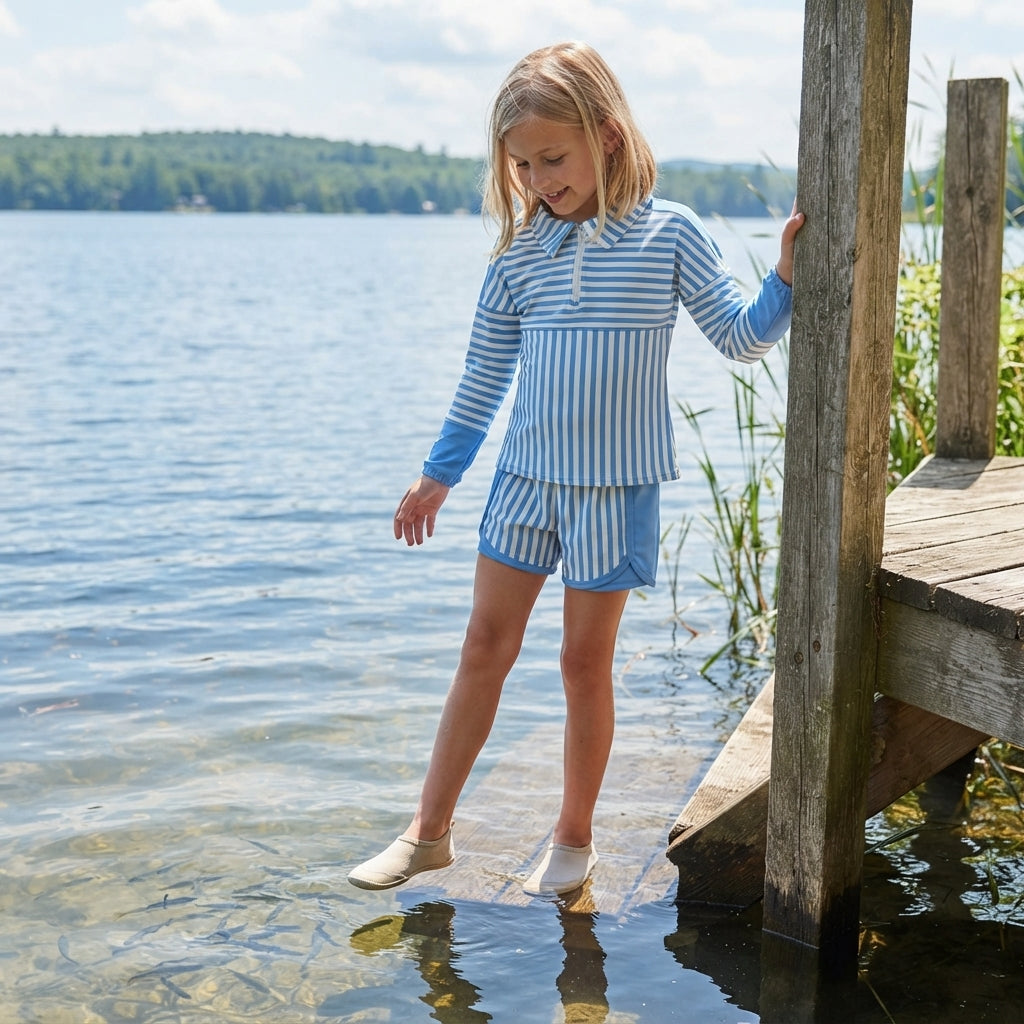 Light blue stripe patchwork pullover shorts girls active set