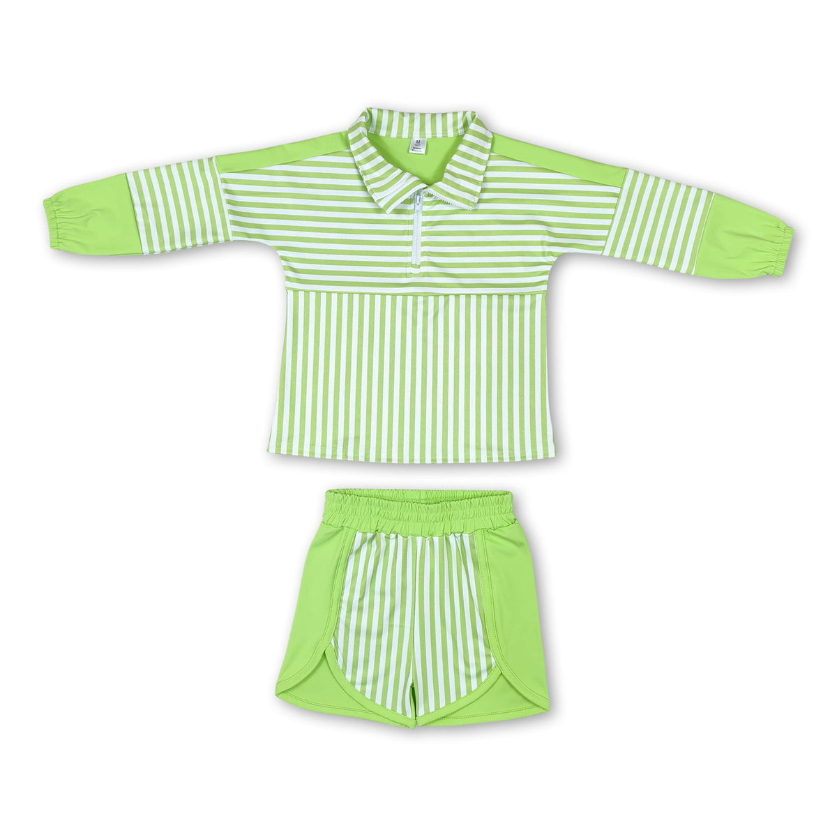 Green stripe patchwork pullover shorts girls active set
