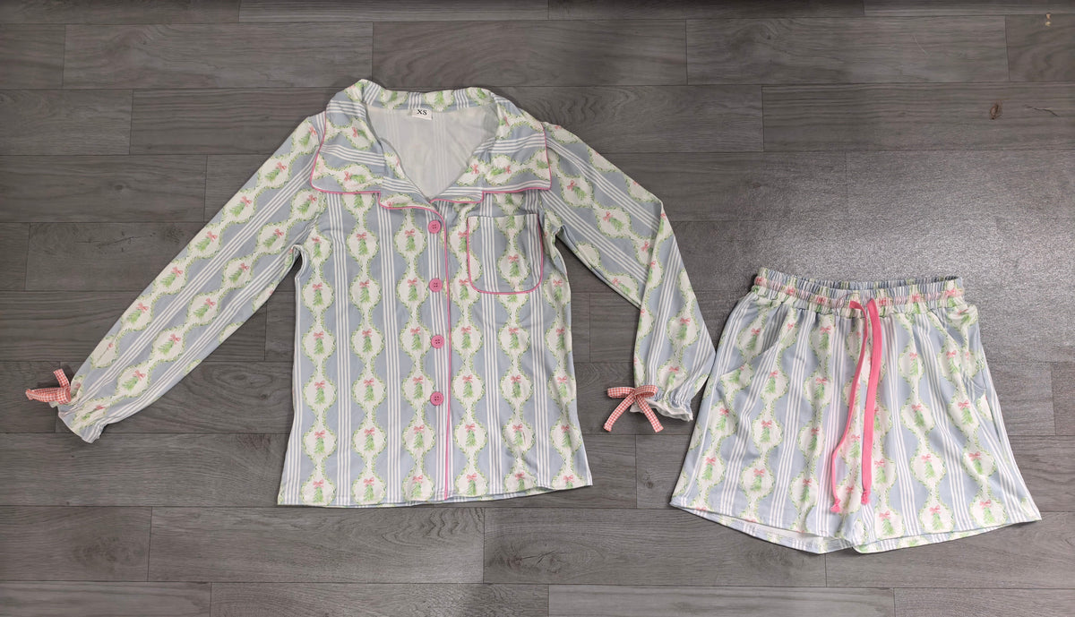 Christmas tree bow button down top shorts women pjs set