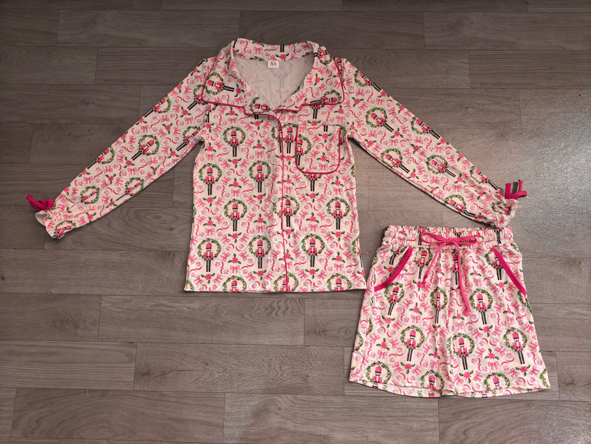 Pink bow ballet top shorts women Christmas pajamas set