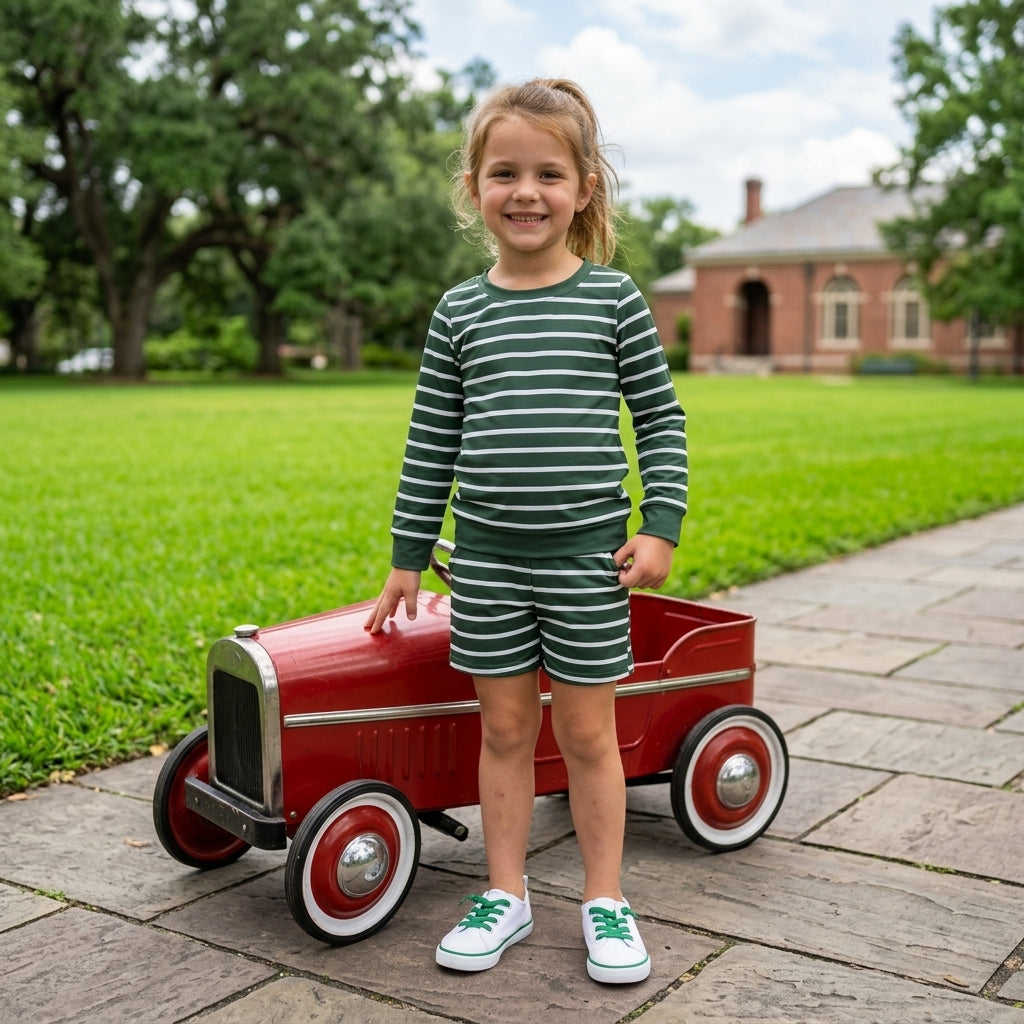 Dark green stripe long sleeves top shorts girls active wear set