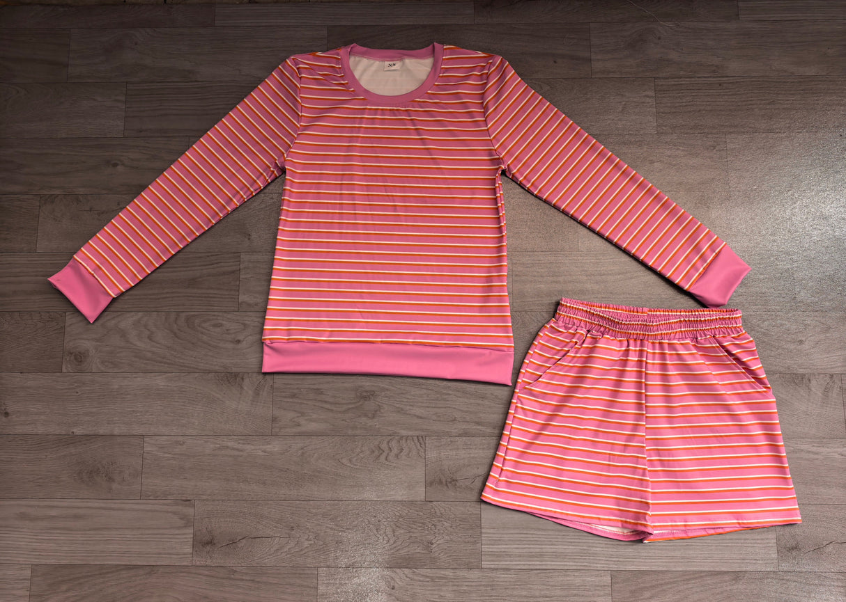 Pink stripe long sleeves top shorts women active wear set