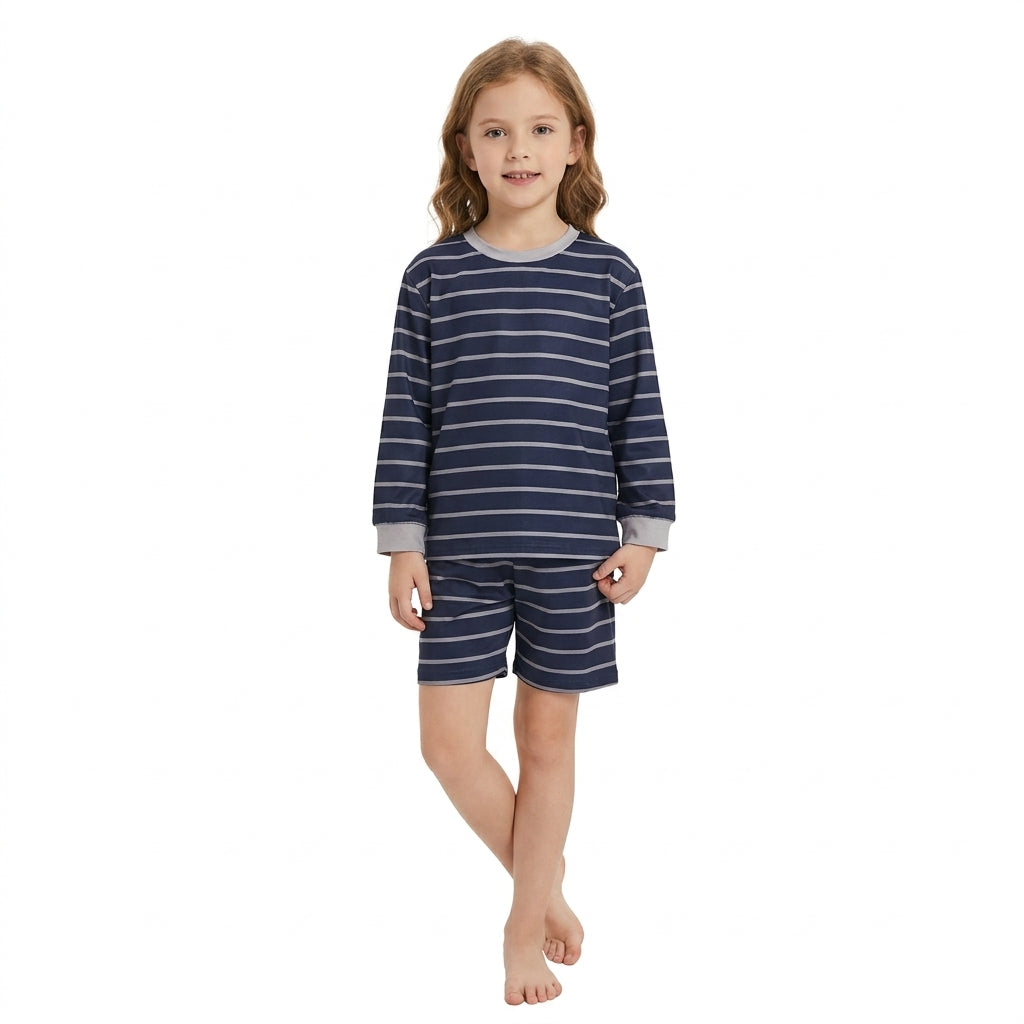 Navy stripe long sleeves top shorts girls active wear set