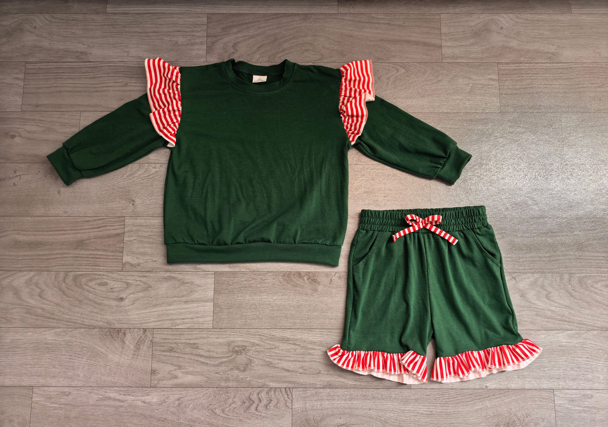 Flutter long sleeves green top shorts girls Christmas outfits