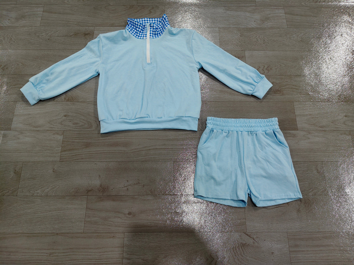 Long sleeves light blue plaid pullover shorts girls outfits
