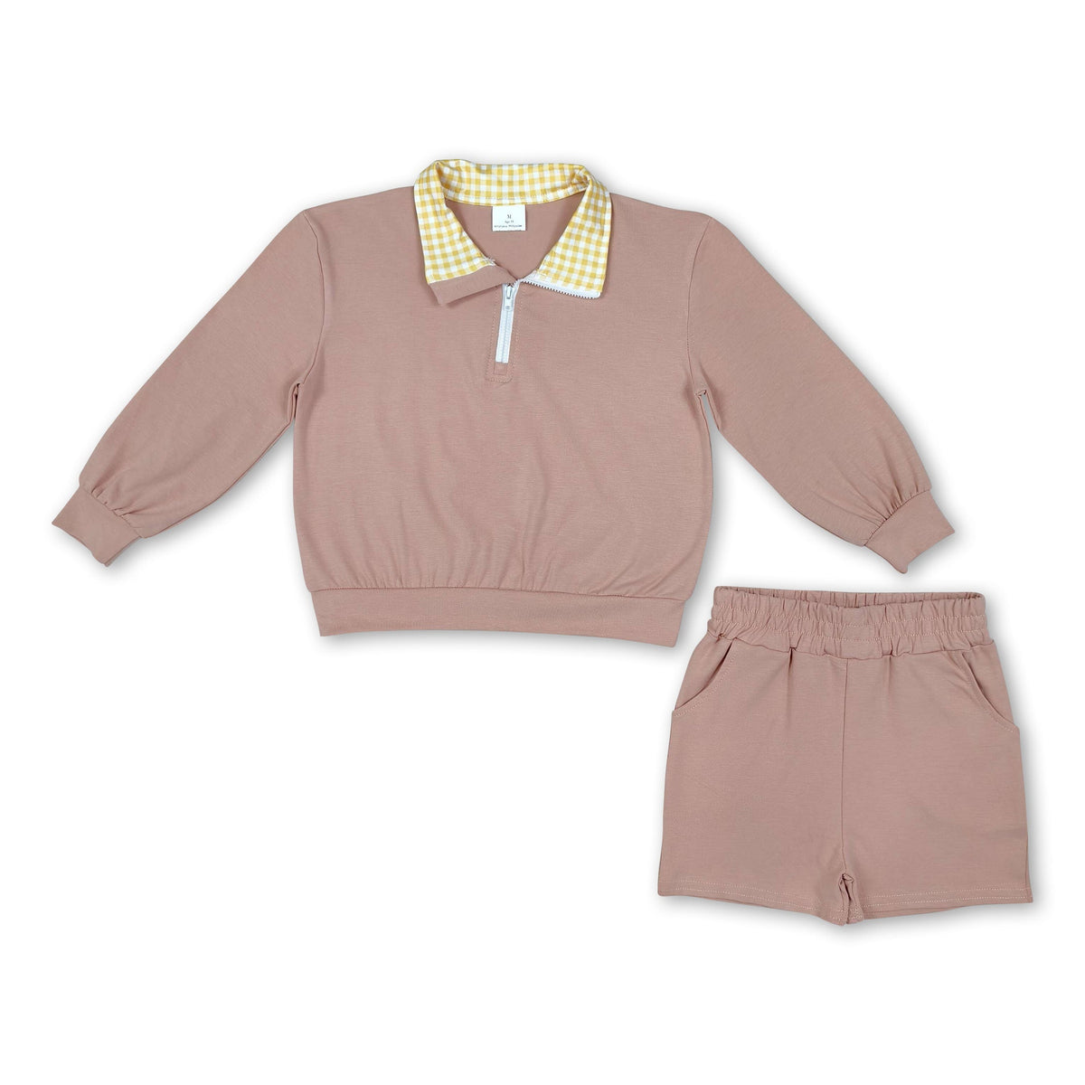 Long sleeves yellow plaid khaki pullover shorts girls outfits