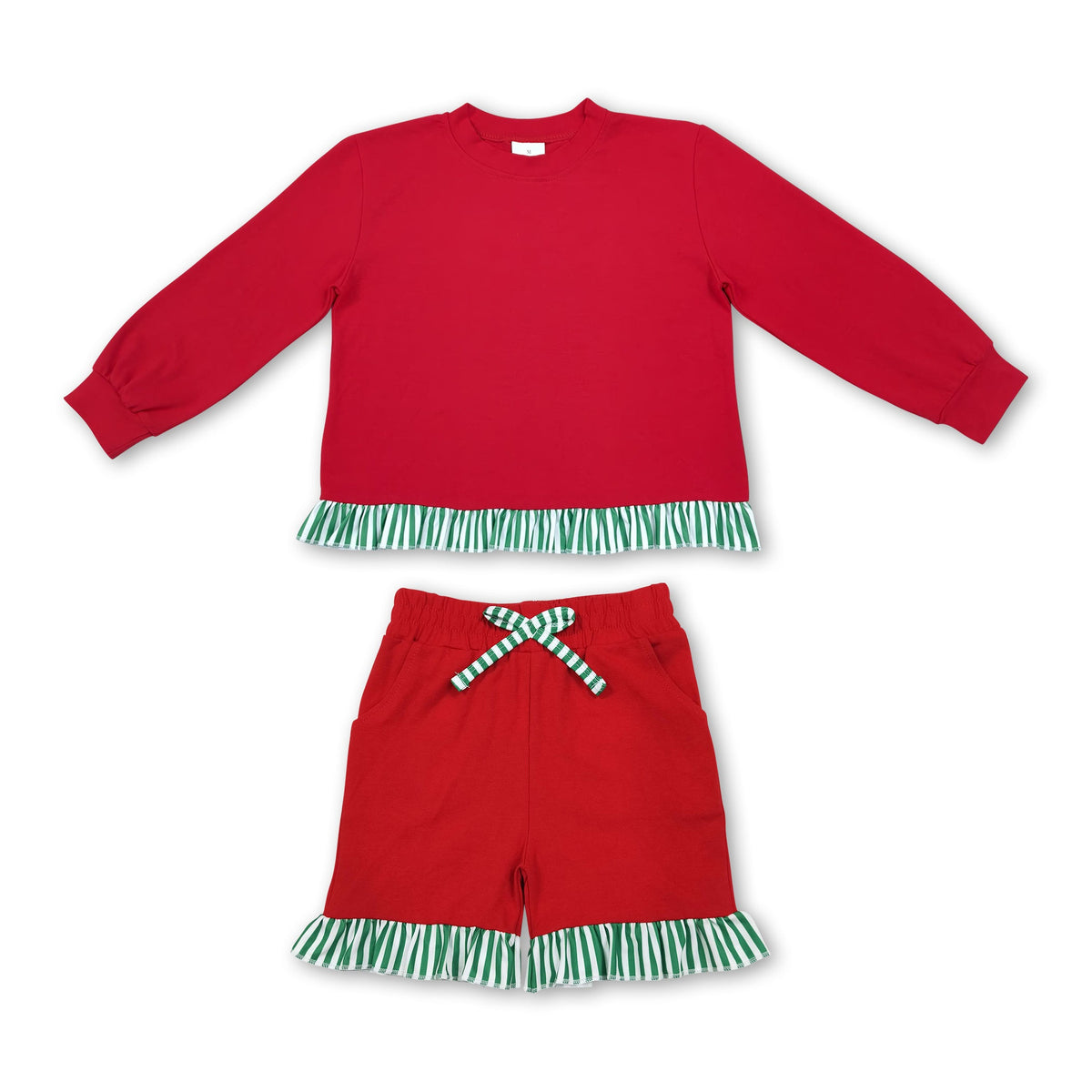 Green stripe cotton top shorts girls Christmas outfits