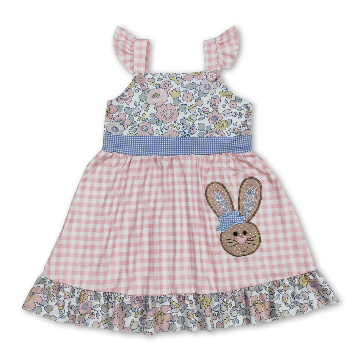 Pink plaid floral bunny kids girls easter dresses