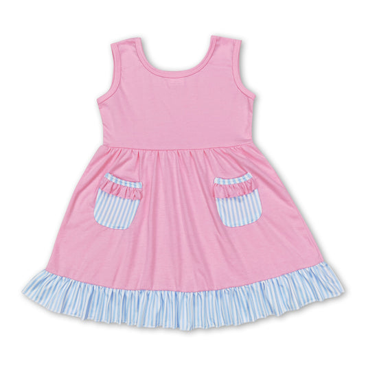 Sleeveless pink cotton pocket ruffle girls dresses