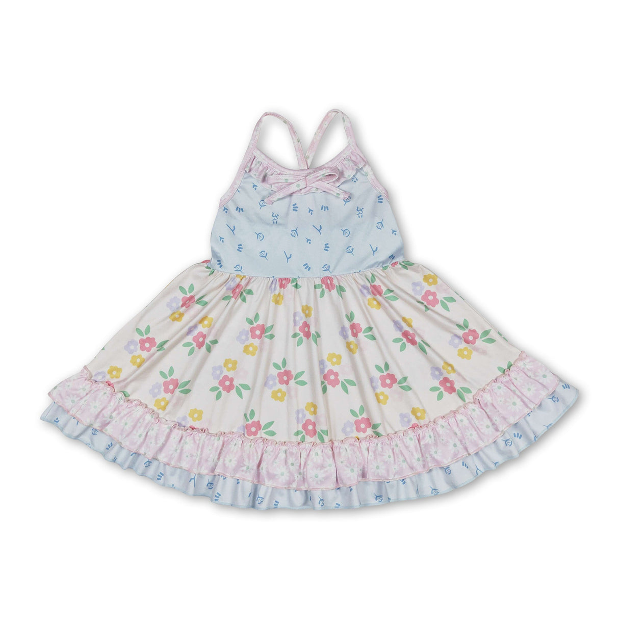 Straps beige floral ruffle girls summer dresses