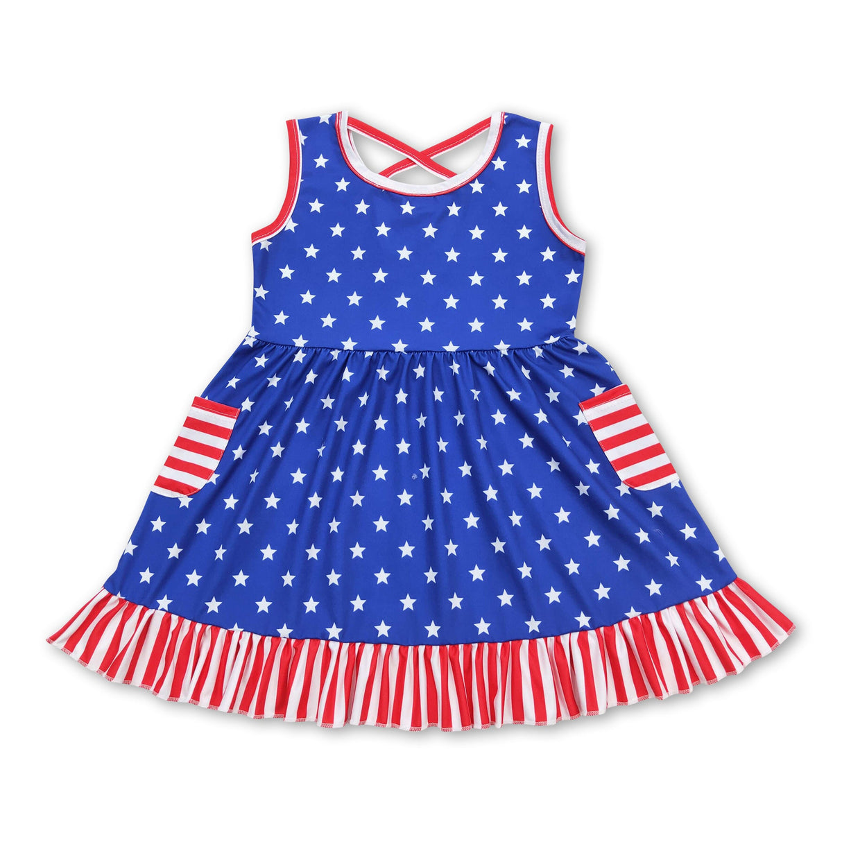 Sleeveless stripe stars pockets girls 4th of july dresses