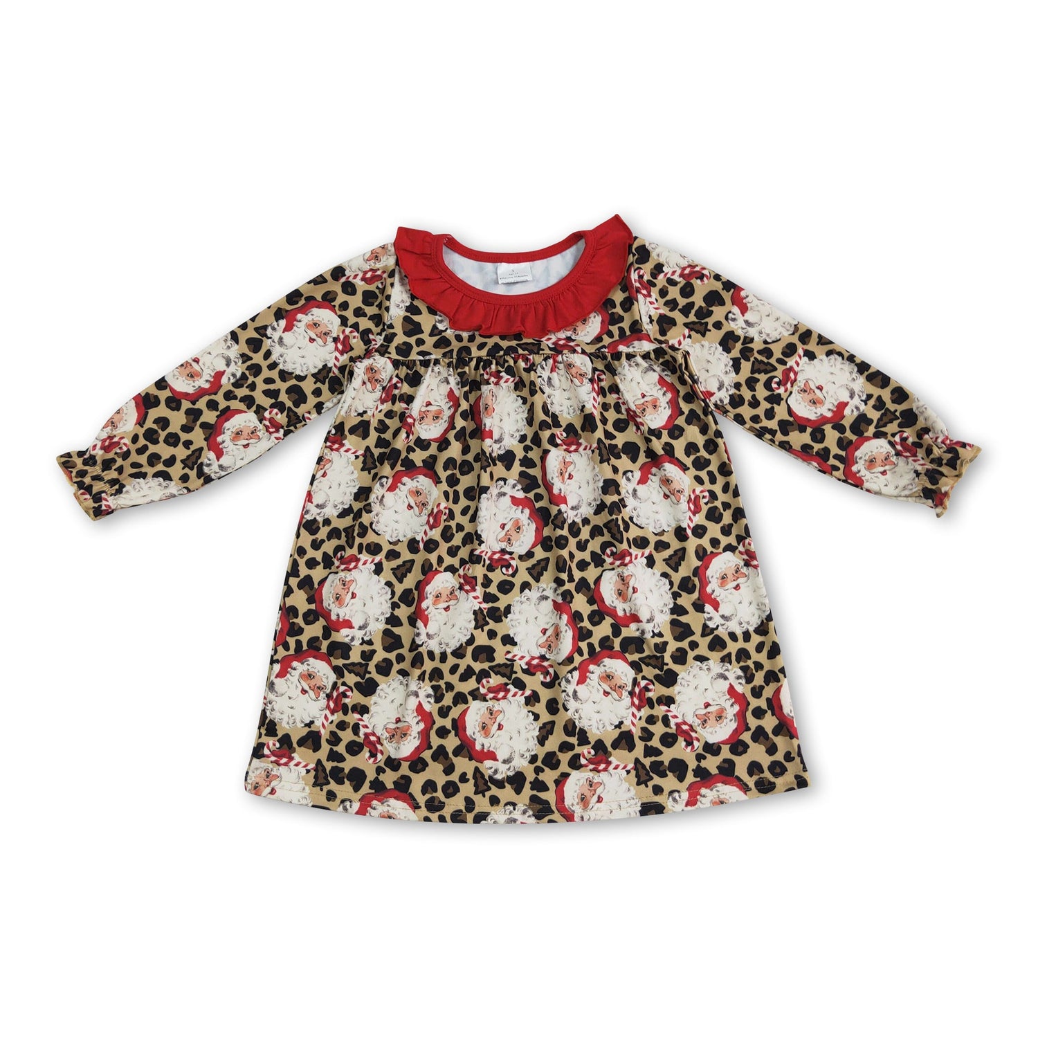 Long sleeves red ruffle leopard santa girls Christmas dress