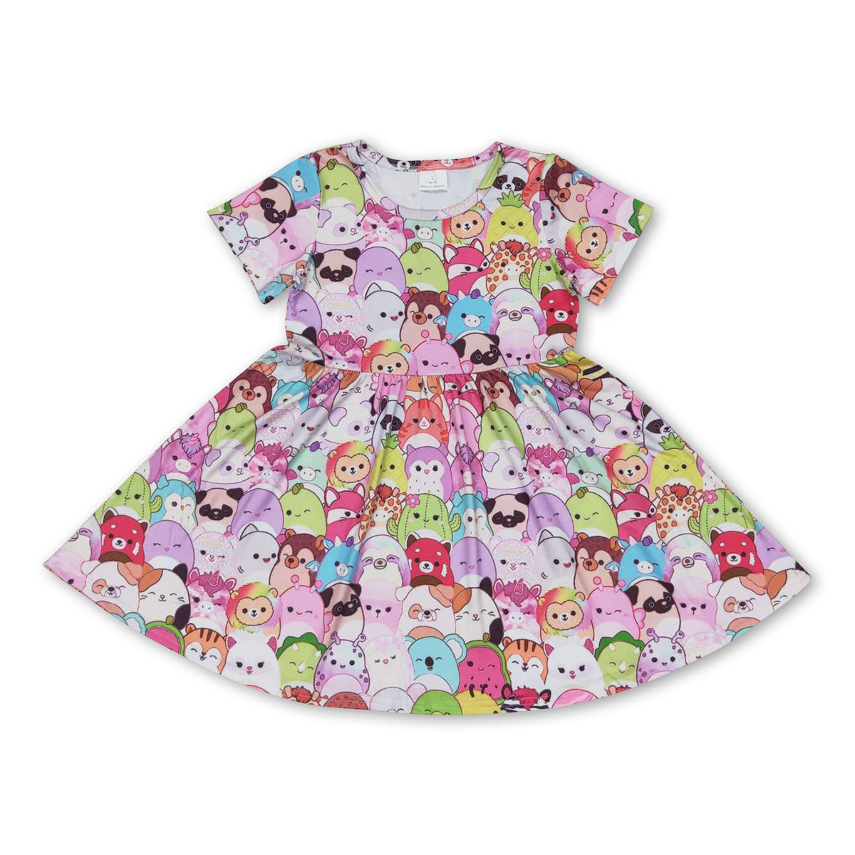Summer Arrival Flowers and Animals Pattern Short Sleeves Dress for Stylish Girls