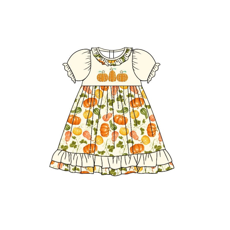 Short sleeves pumpkin ruffle girls fall dresses