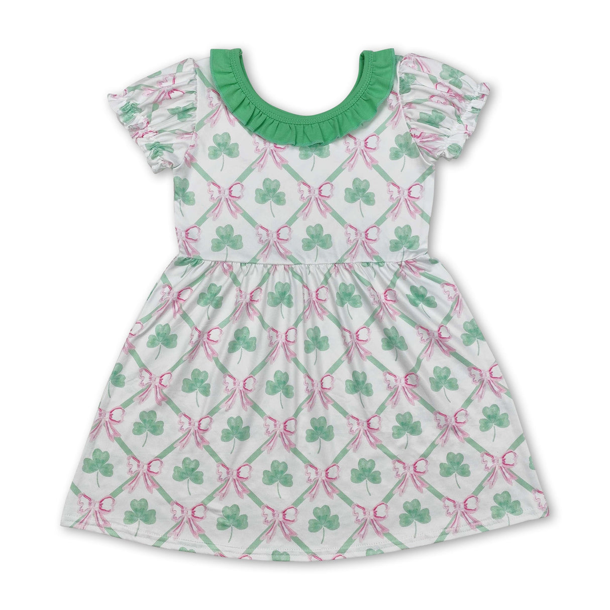 Short sleeves shamrock bow kids girls St Patrick's dresses