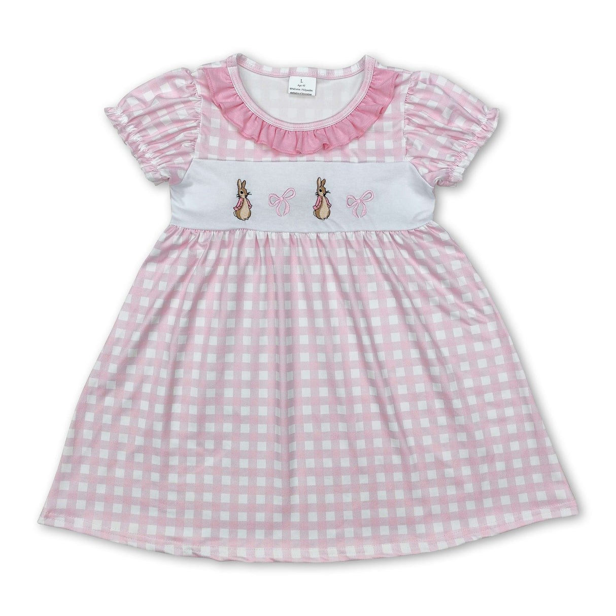 Short sleeves pink plaid rabbit bow baby girls Easter dress
