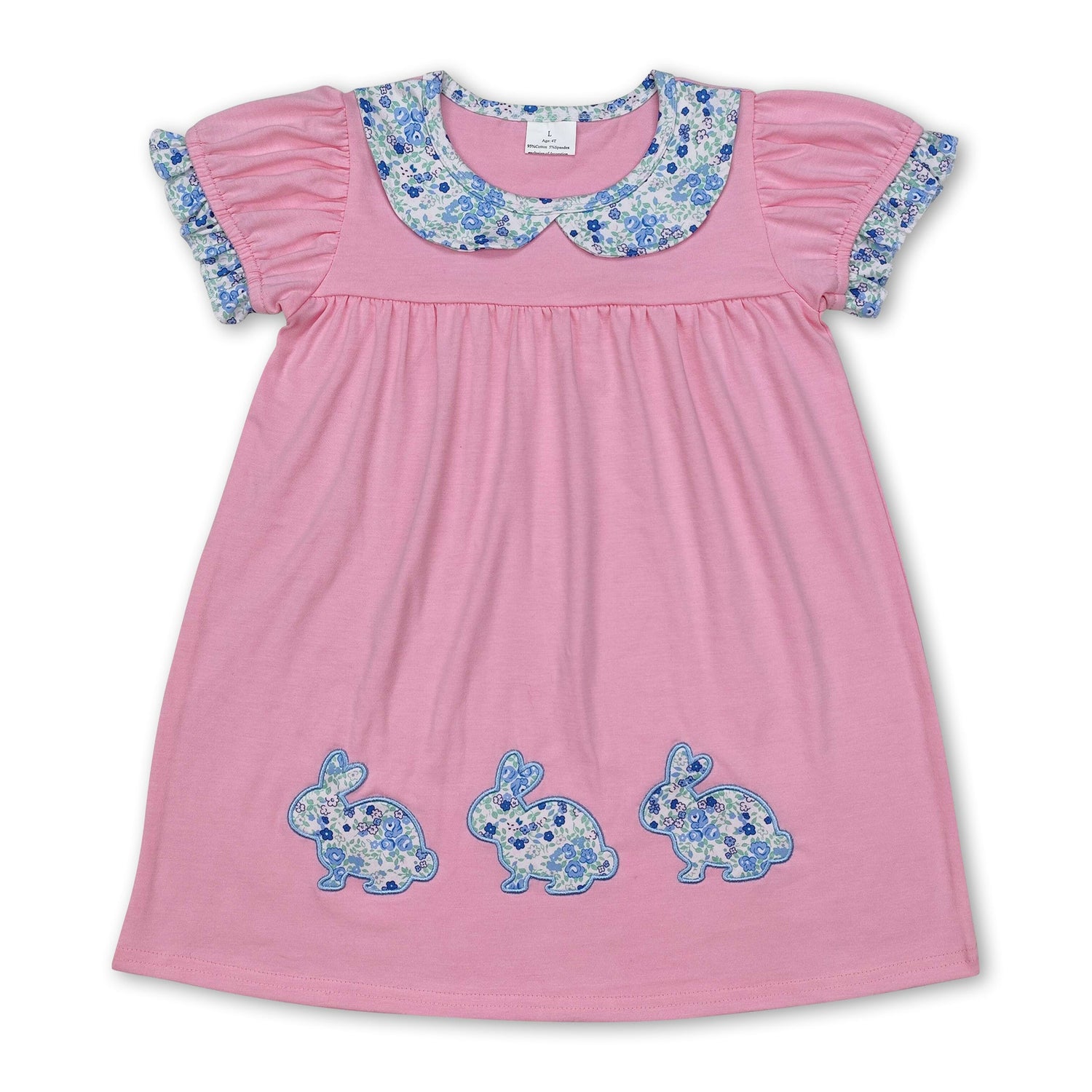 Pink short sleeves floral bunny baby girls Easter dress