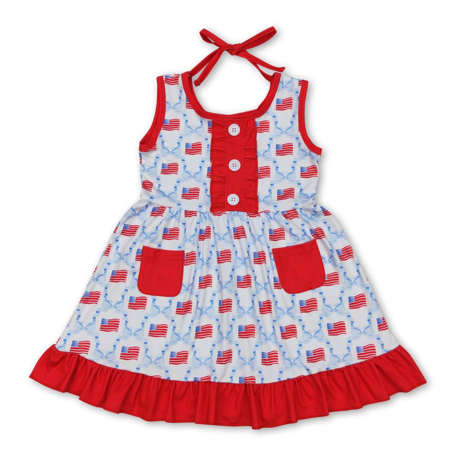 Sleeveless bow flag baby girls 4th of july dresses