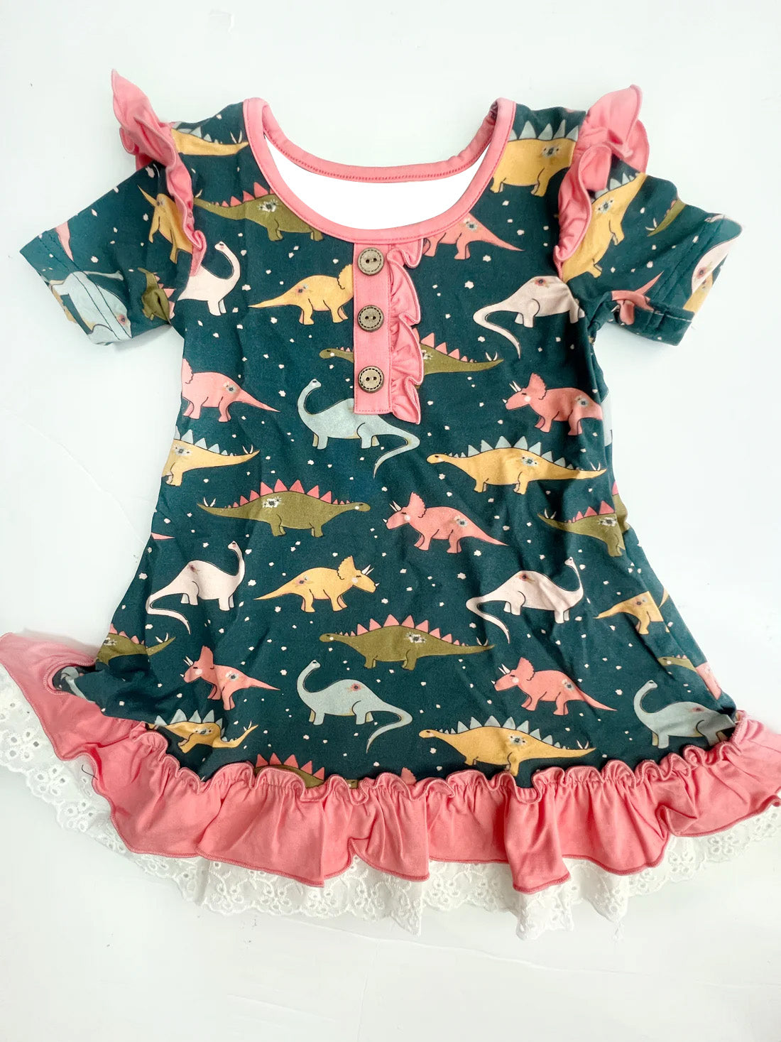 Short sleeves dinosaur ruffle baby girls night dress