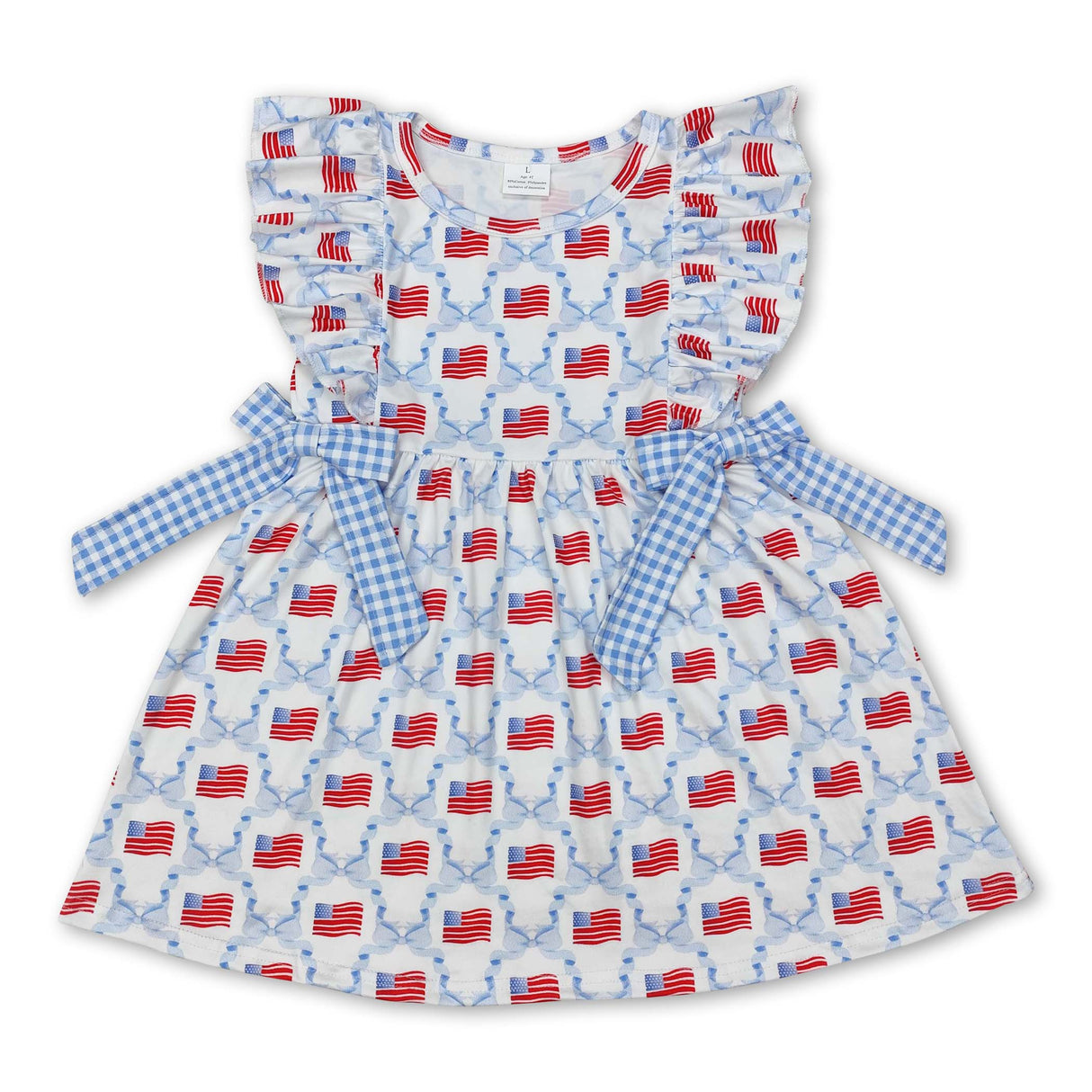 Plaid Light blue bow flag kids girls 4th of july dresses