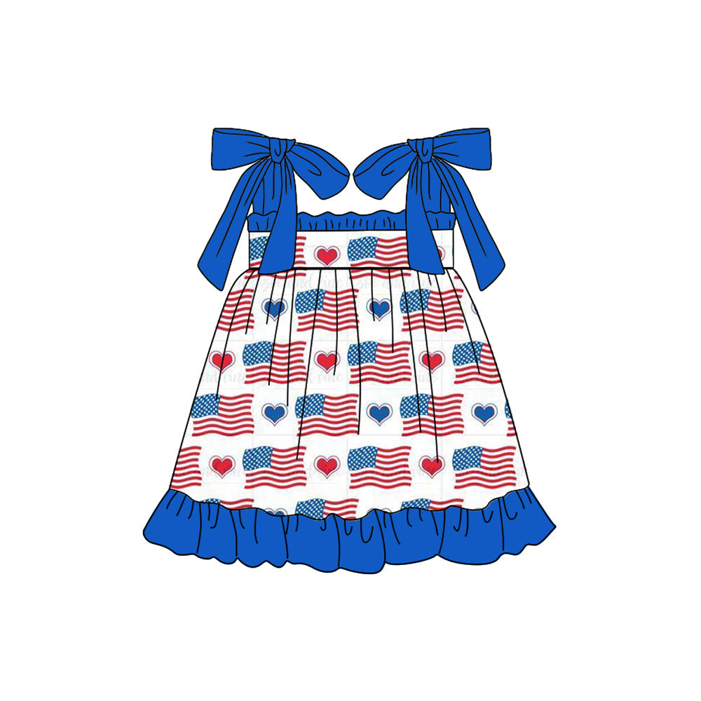 Blue straps heart flag kids girls 4th of july dresses