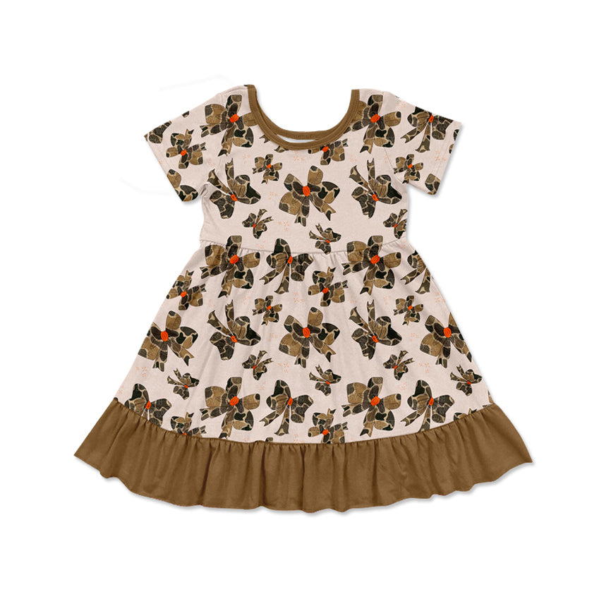 Short sleeves camo bow ruffle baby girls dresses