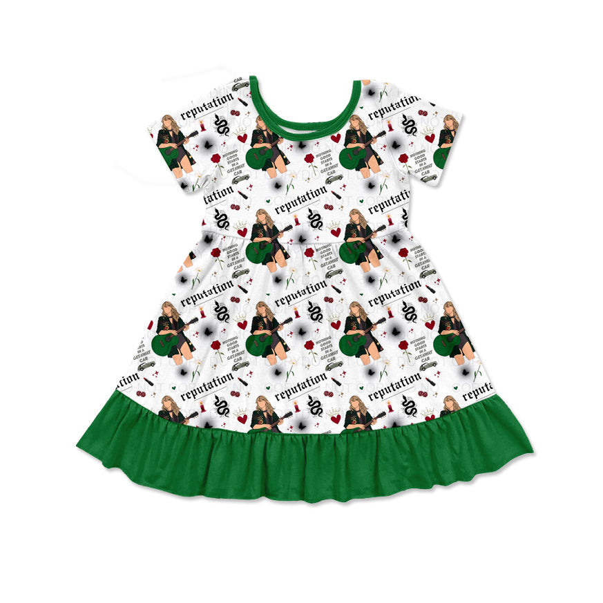 Green ruffle guitar heart singer girls dresses