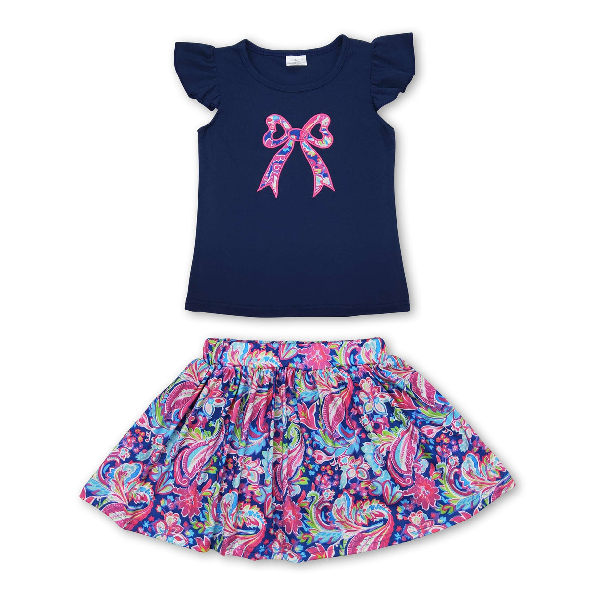 Navy bow top floral skirt baby girls clothes