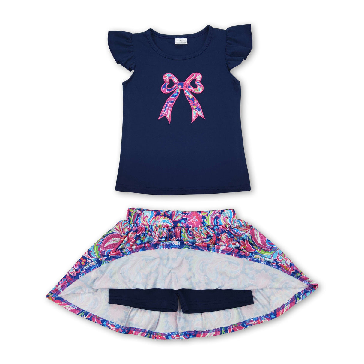 Navy bow top floral skirt baby girls clothes