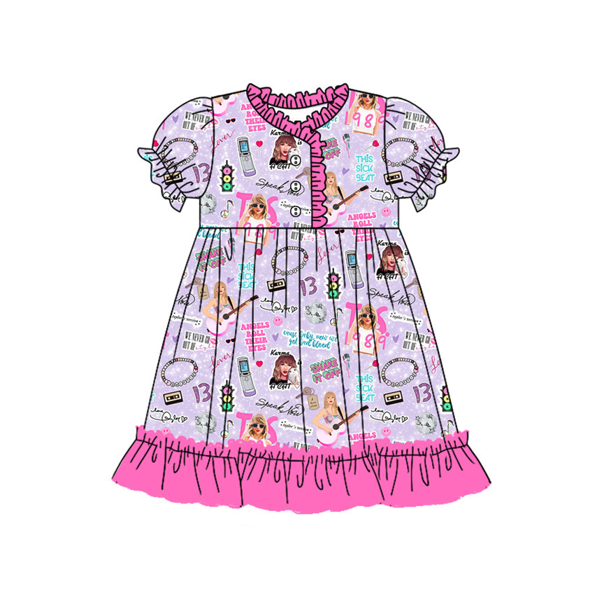 Short sleeves pink ruffle guitar singer girls night dress
