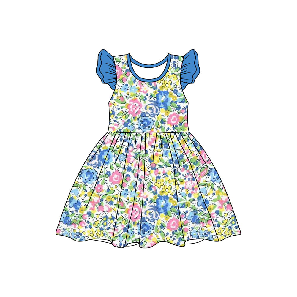 Blue flutter sleeves floral baby girls spring summer dress