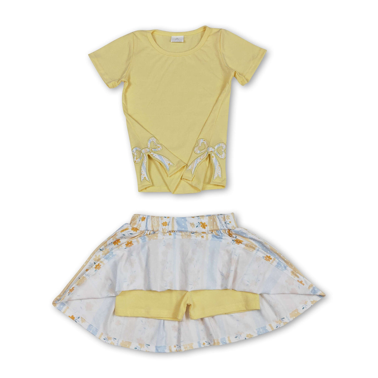 Yellow short sleeves bow top floral skirt kids girls clothes