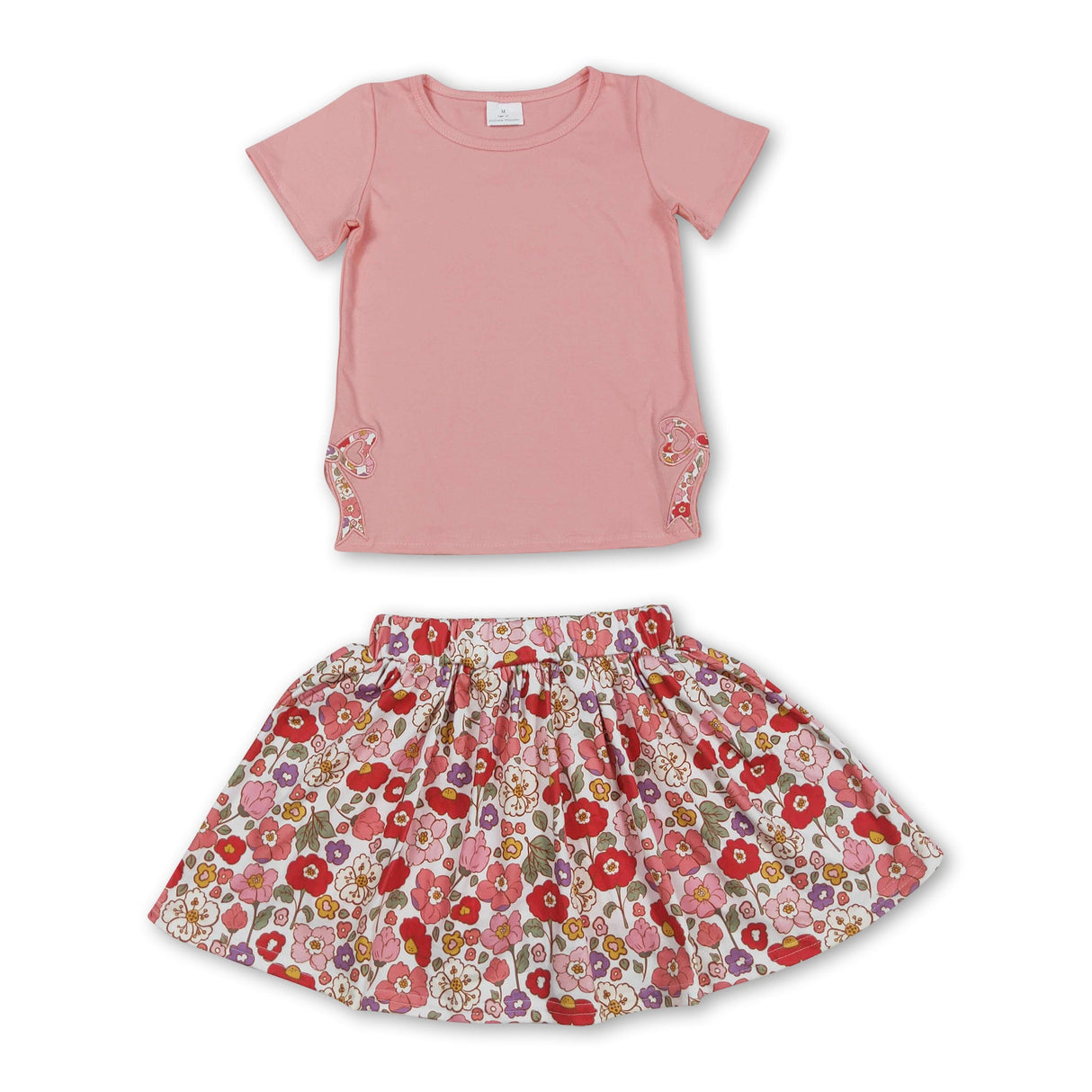 Peach short sleeves bow top floral skirt kids girls clothes