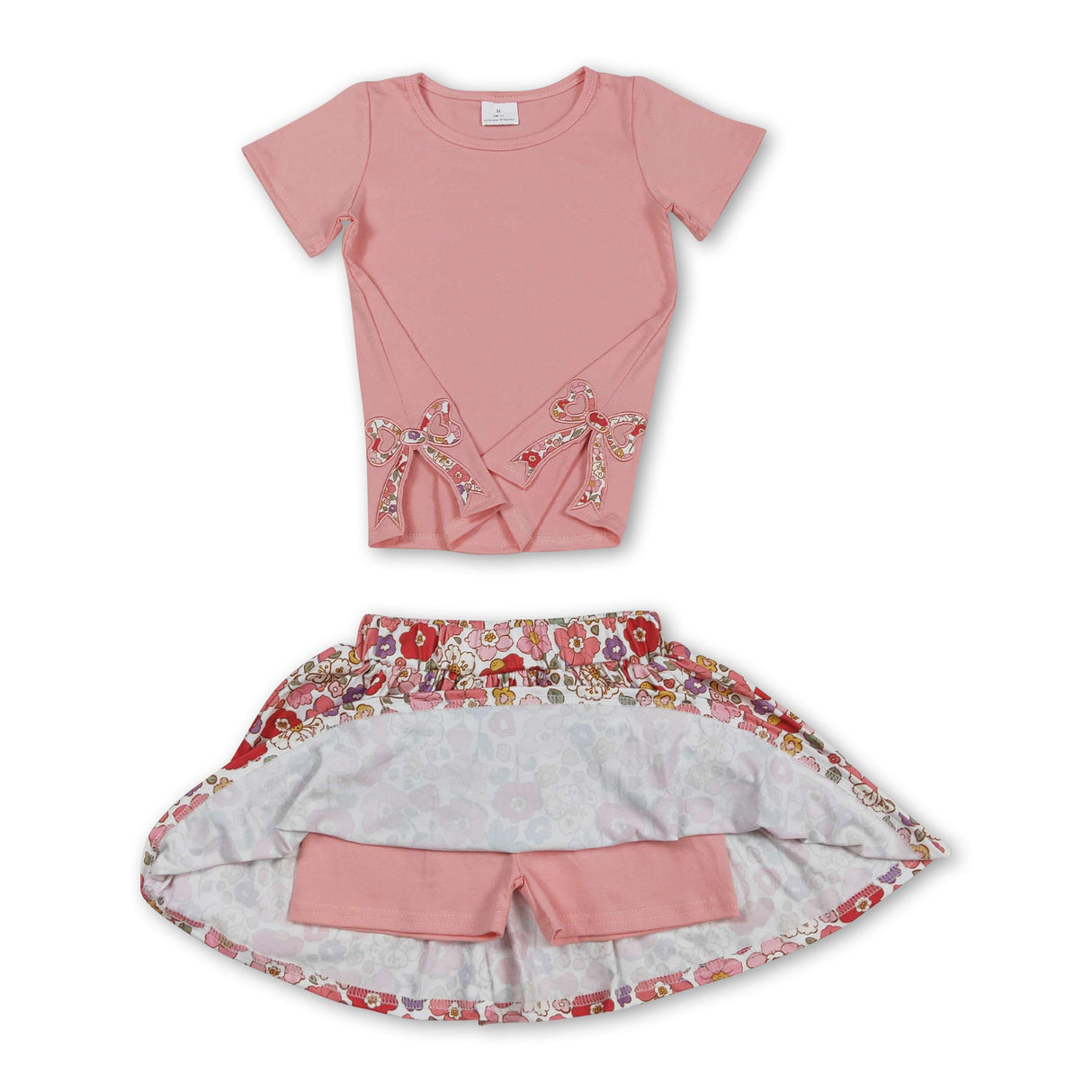 Peach short sleeves bow top floral skirt kids girls clothes