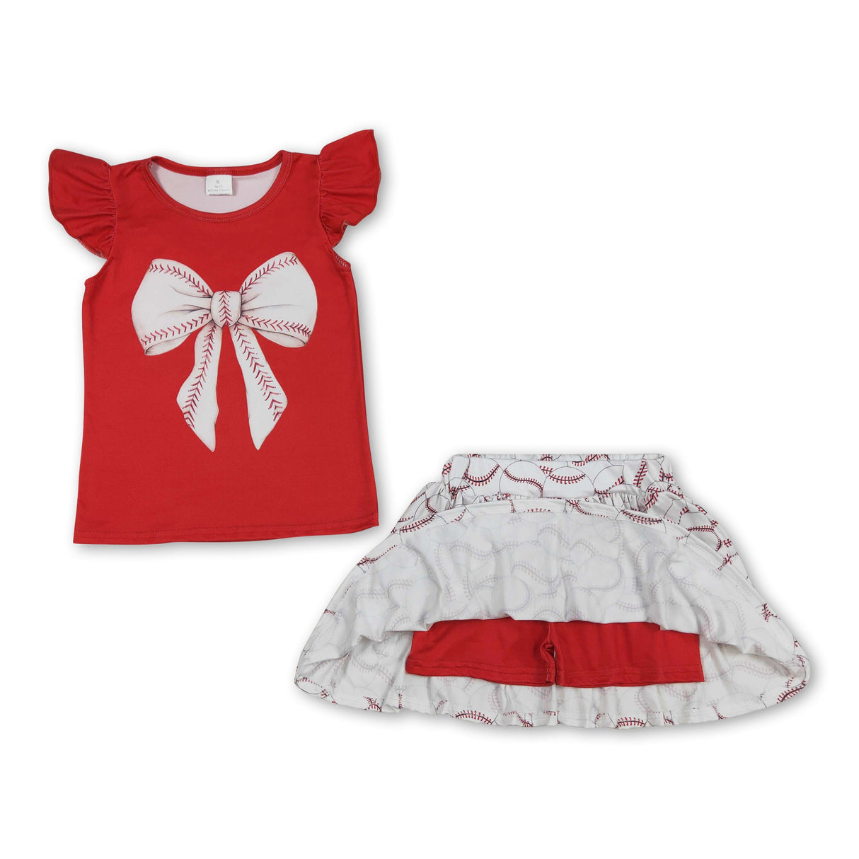 Red flutter sleeves baseball bow top skirt girls clothes