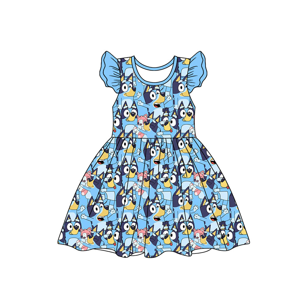 Flutter sleeves blue dog baby girls dresses