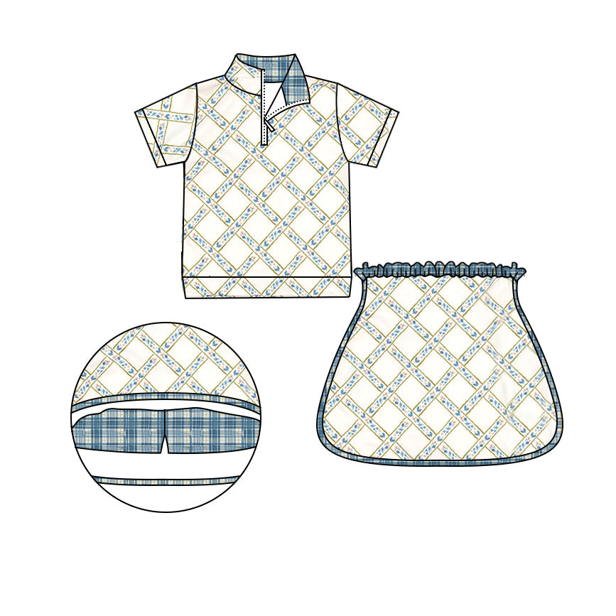 Short sleeves floral pullover plaid skirt girls clothes