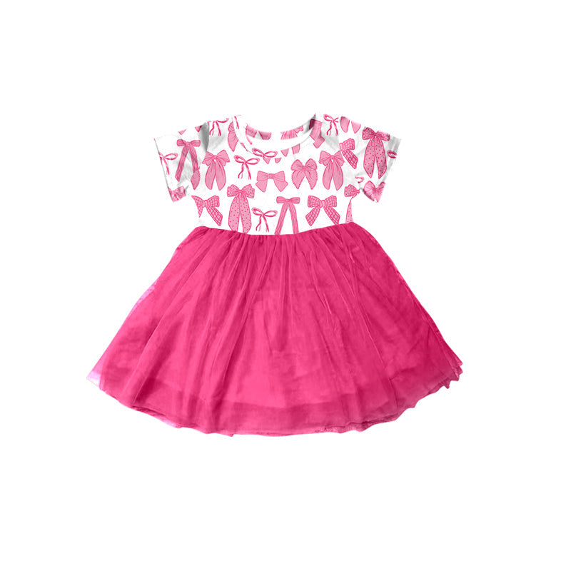 Short sleeves hot pink bow baby girls tulle dresses