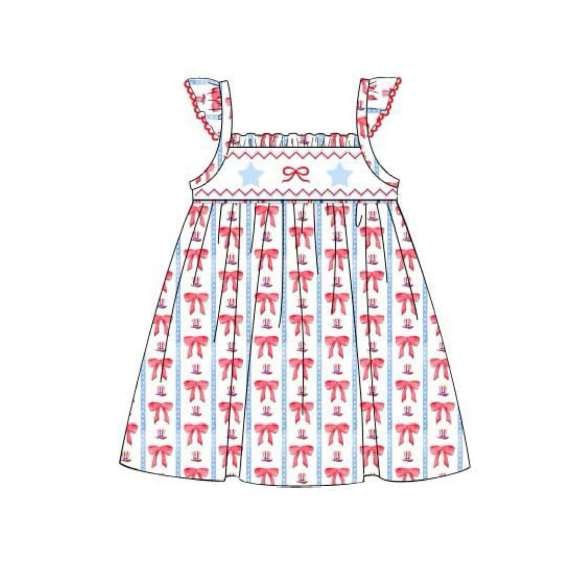 Flutter sleeves bow stars girls 4th of july dresses