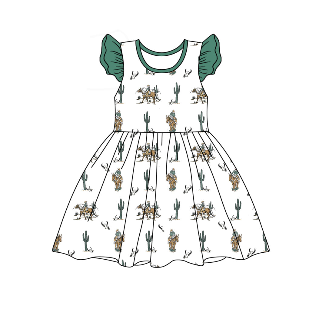 Green flutter sleeves cactus rodeo western baby girls dress