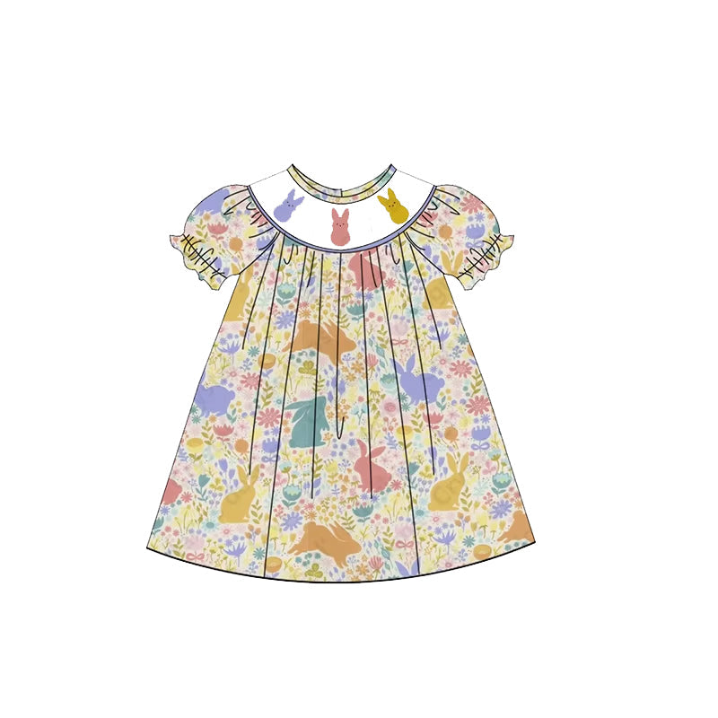 Short sleeves bunny colorful floral baby girls Easter dress