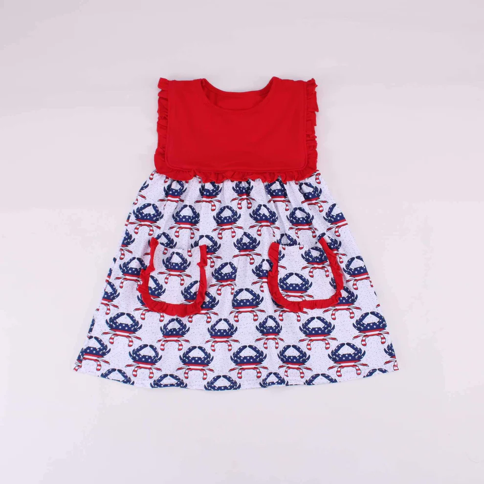 Red ruffles stars stripe crab pockets girls 4th of july dresses