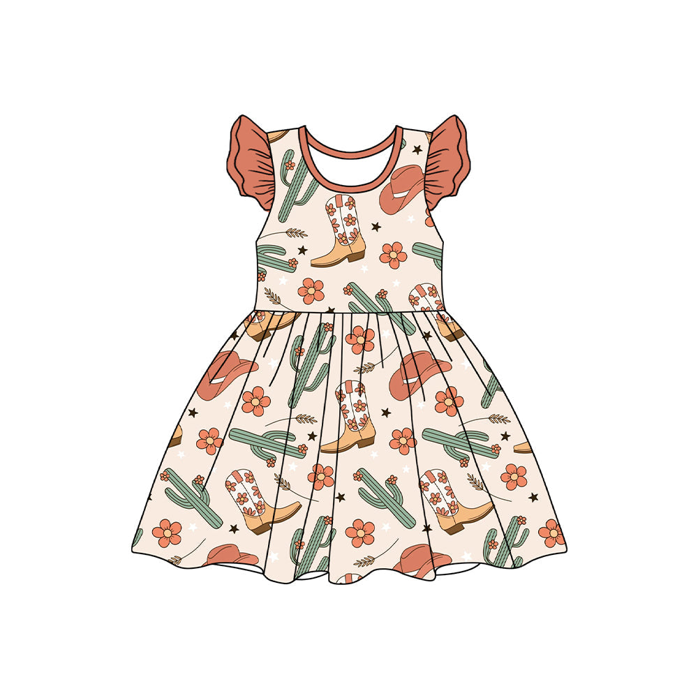 Flutter sleeves cactus floral boots western girls dresses